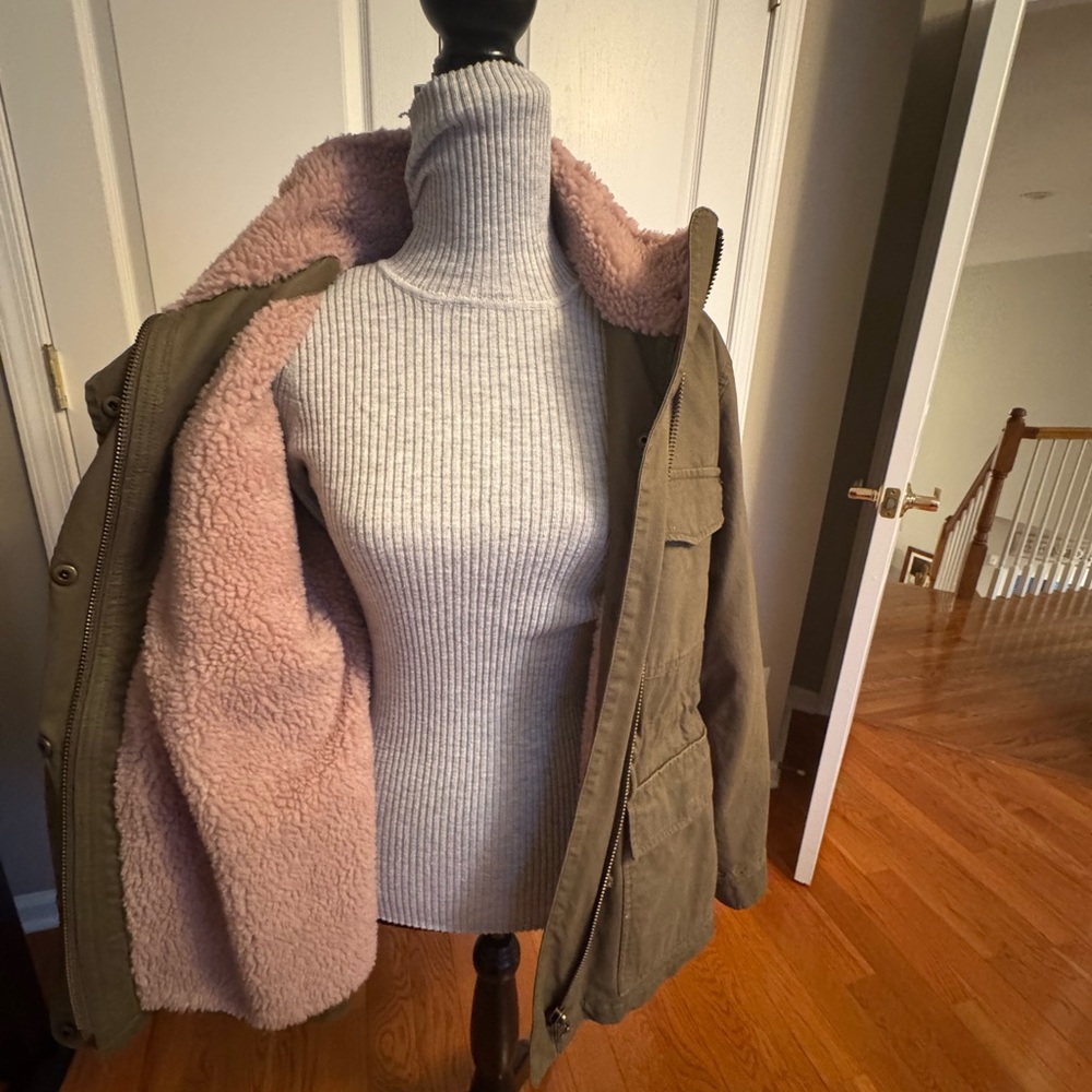 NWT Madewell Olive Utility Jacket with Pink faux Sherpa Lining